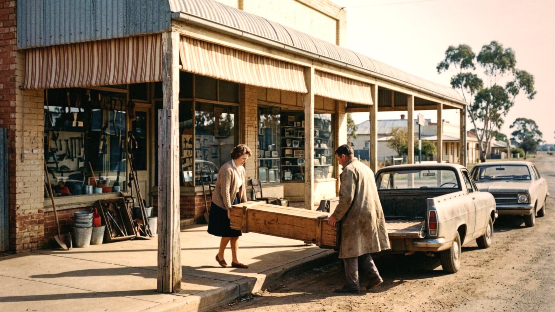 Two neighbouring shop owners on a country main street carrying one long crate between them.