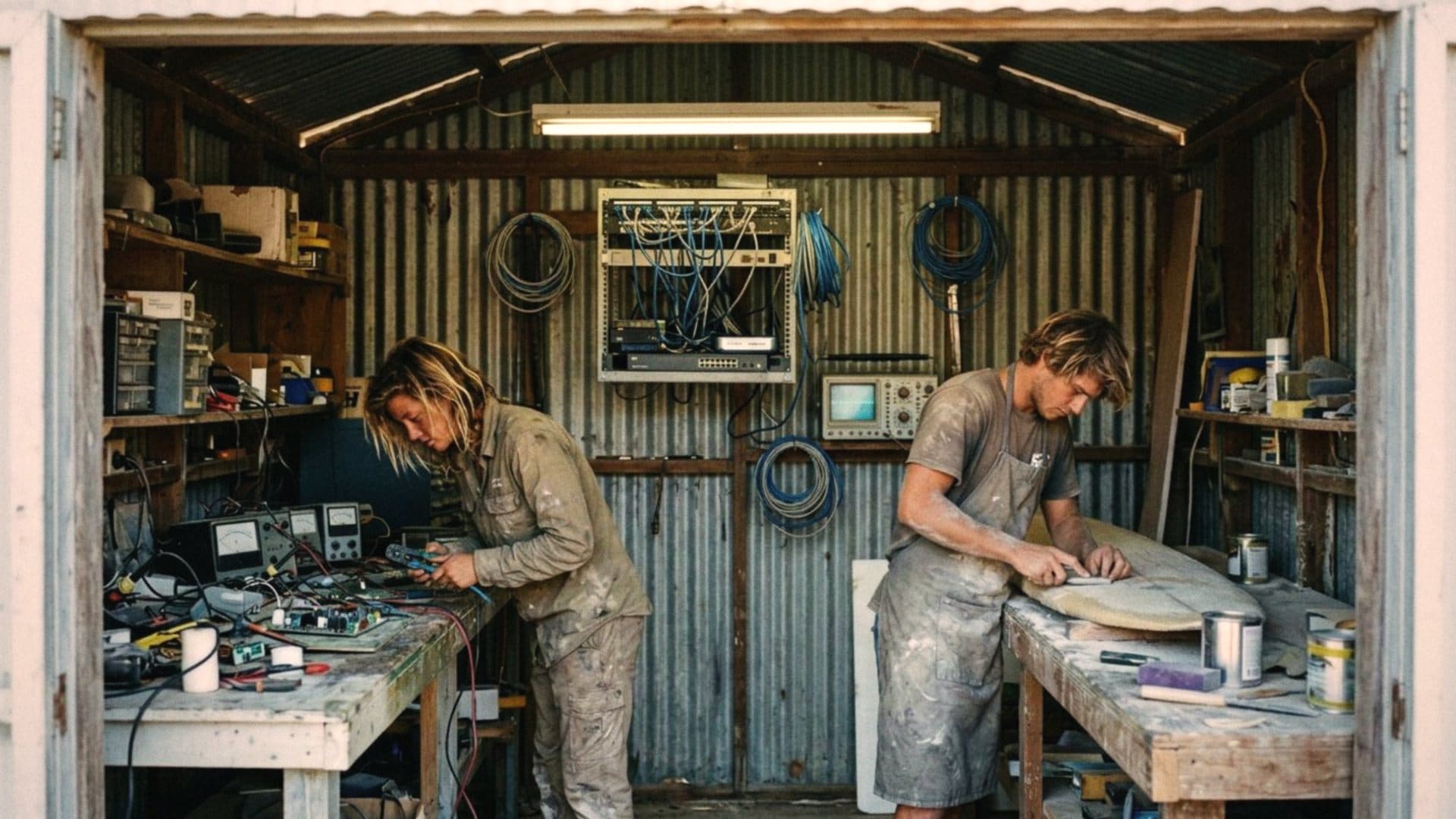 A corrugated iron shed with two benches, a woman crimping network cables under a patch panel of RJ45 leads and a surfboard being shaped beside her.