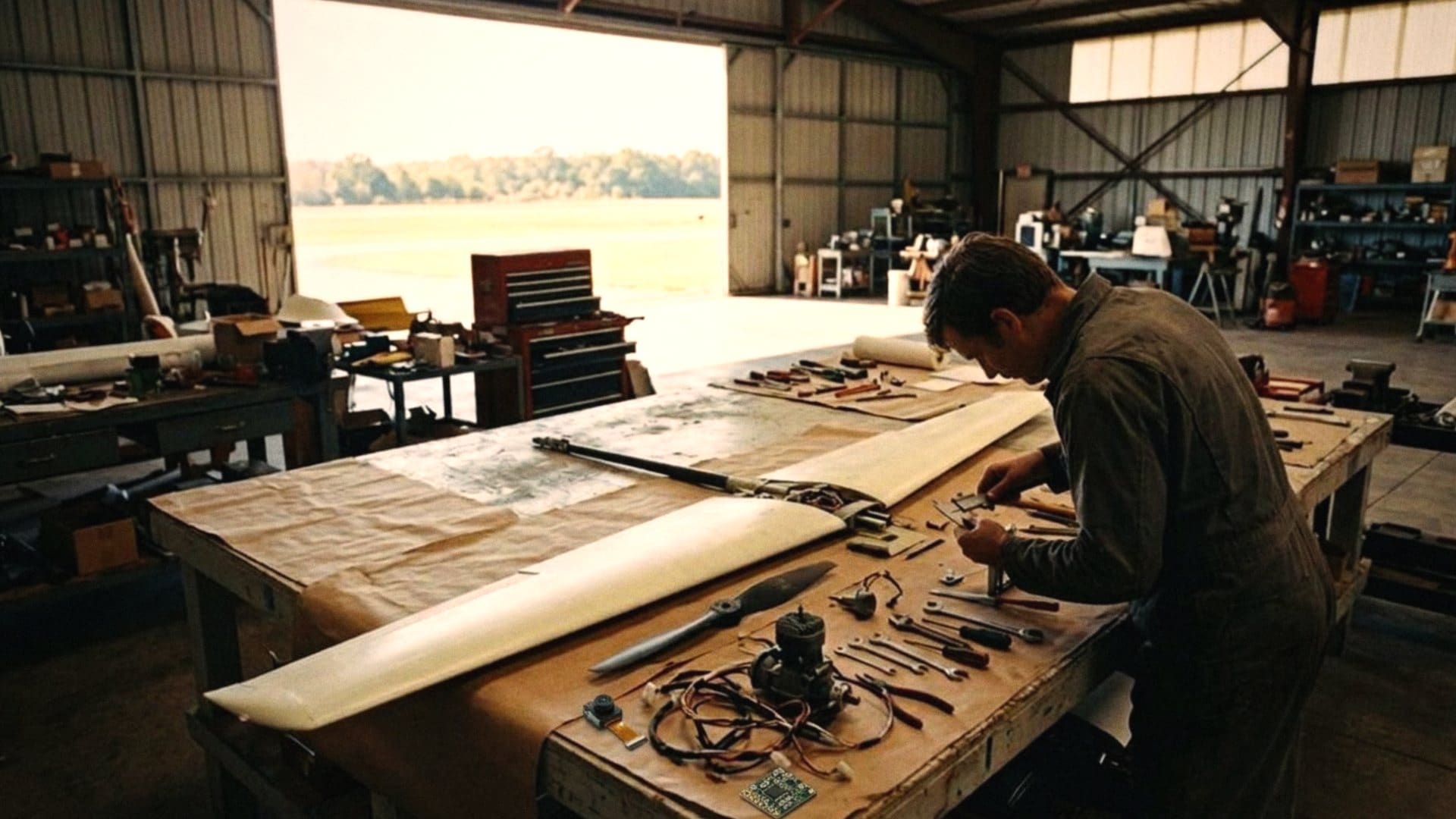 A 1970s hangar bench, an engineer measuring the parts of a small uncrewed aircraft beside a camera module and circuit board.